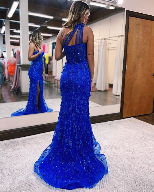 Blue One Shoulder Applique Beading Mermaid Prom Dress with Side Slit Y1542