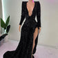 Sexy Black Sequin Mermaid Long Prom Dresses African Girl V-neck With Long Sleeves High Slit Party Dress Y1484