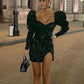 Glitter Sequin Black Short Homecoming Dresses,Puffy Long Sleeves Sweetheart Fashioned Cocktail Dress Y1515