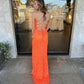 Cute Sheath Scoop Neck Straps Orange Sequins Prom Dresses with Slit Y1400