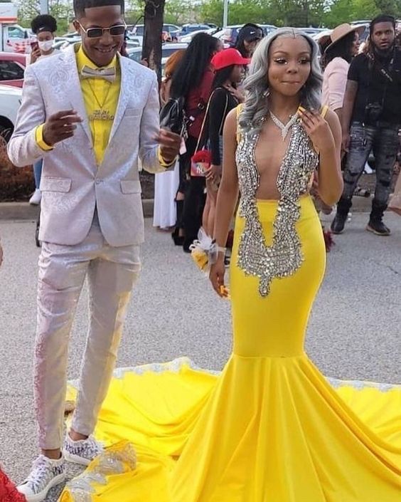 Sparkly Evening Dresses, Mermaid Sexy Yellow Evening Prom Gown With Train Y644