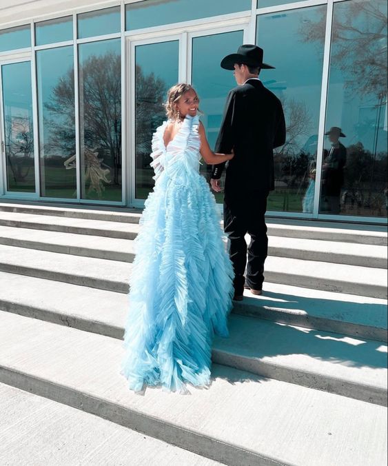 Elegant A-line Light Blue Tulle Prom Dress,Graduation Dress Y975