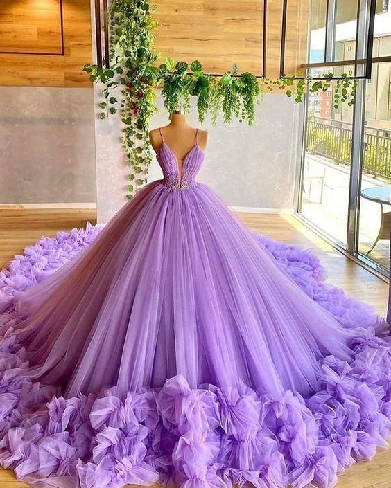 Spaghetti Straps Lavender Beading Bodice Tulle Ball Gown with Handmade Flowers Y97
