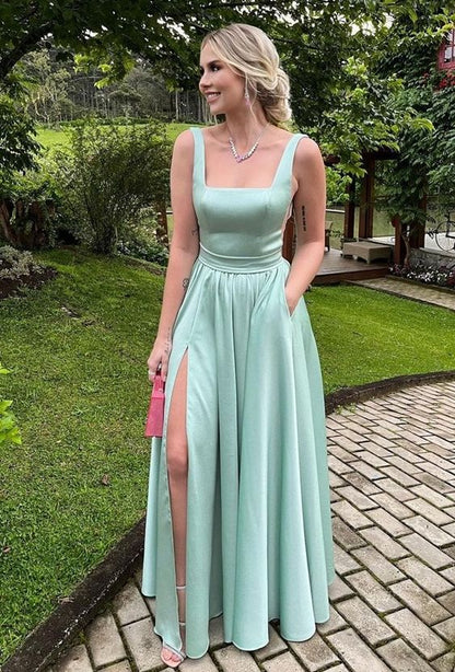 A-line Wide Straps Satin Prom Dress , Classy Satin Prom Gown, Graduati – Simplepromdress