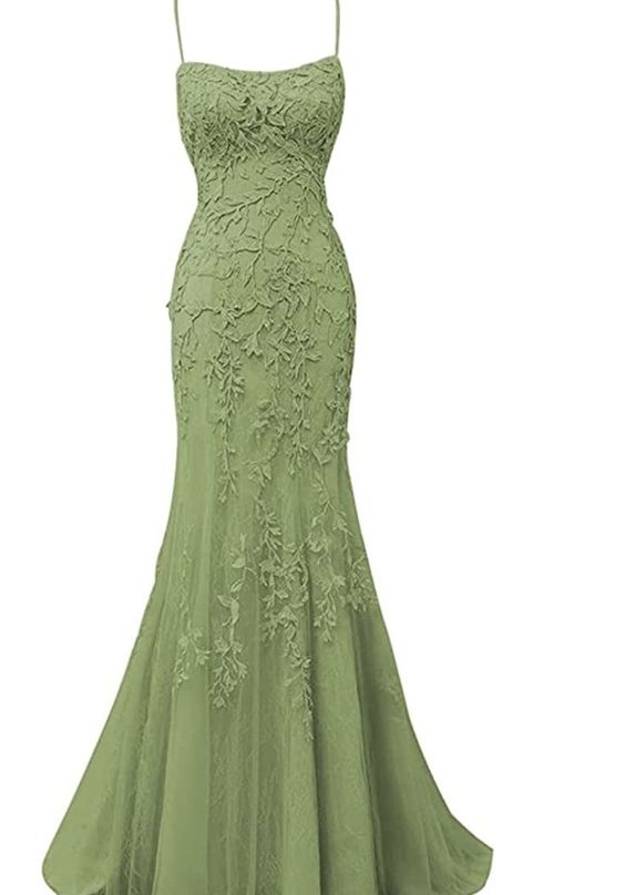 Sage Green Lace Appliques Dresses Long Prom Dress Mermaid Spaghetti Straps Evening Dress Y295