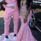 Pink prom dresses, deep v neck prom dresses, sparkly prom dresses, evening dresses, mermaid evening dresses Y467