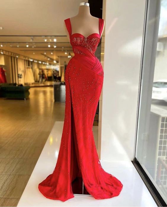 Red prom dresses, lace prom dresses, beaded prom dresses, sweetheart prom dresses, side slit prom dresses, arabic prom dresses Y164