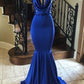 Royal Blue Sequin Bodice V-Neck Halter Long Mermaid Prom Dresses Y160
