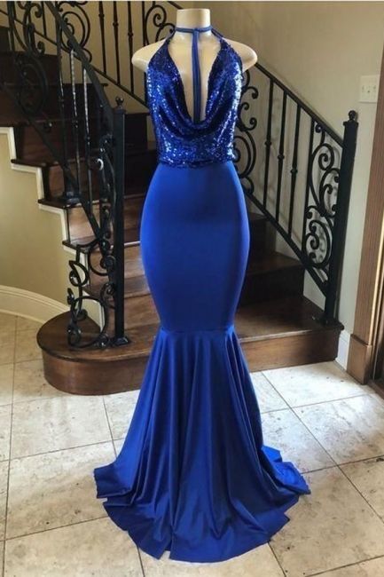 Royal Blue Sequin Bodice V-Neck Halter Long Mermaid Prom Dresses Y160