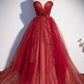 Burgundy tulle sequins long prom dress A line evening gown s55