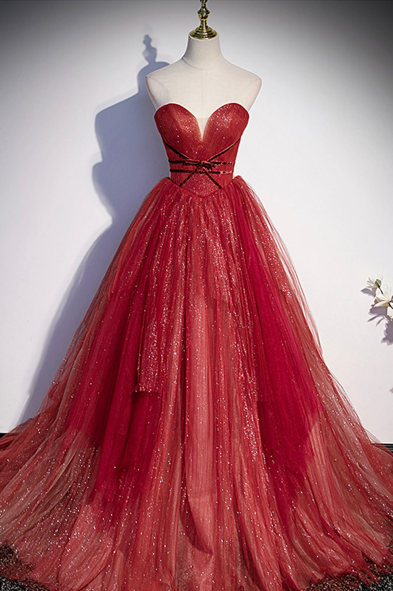 Burgundy tulle sequins long prom dress A line evening gown s55