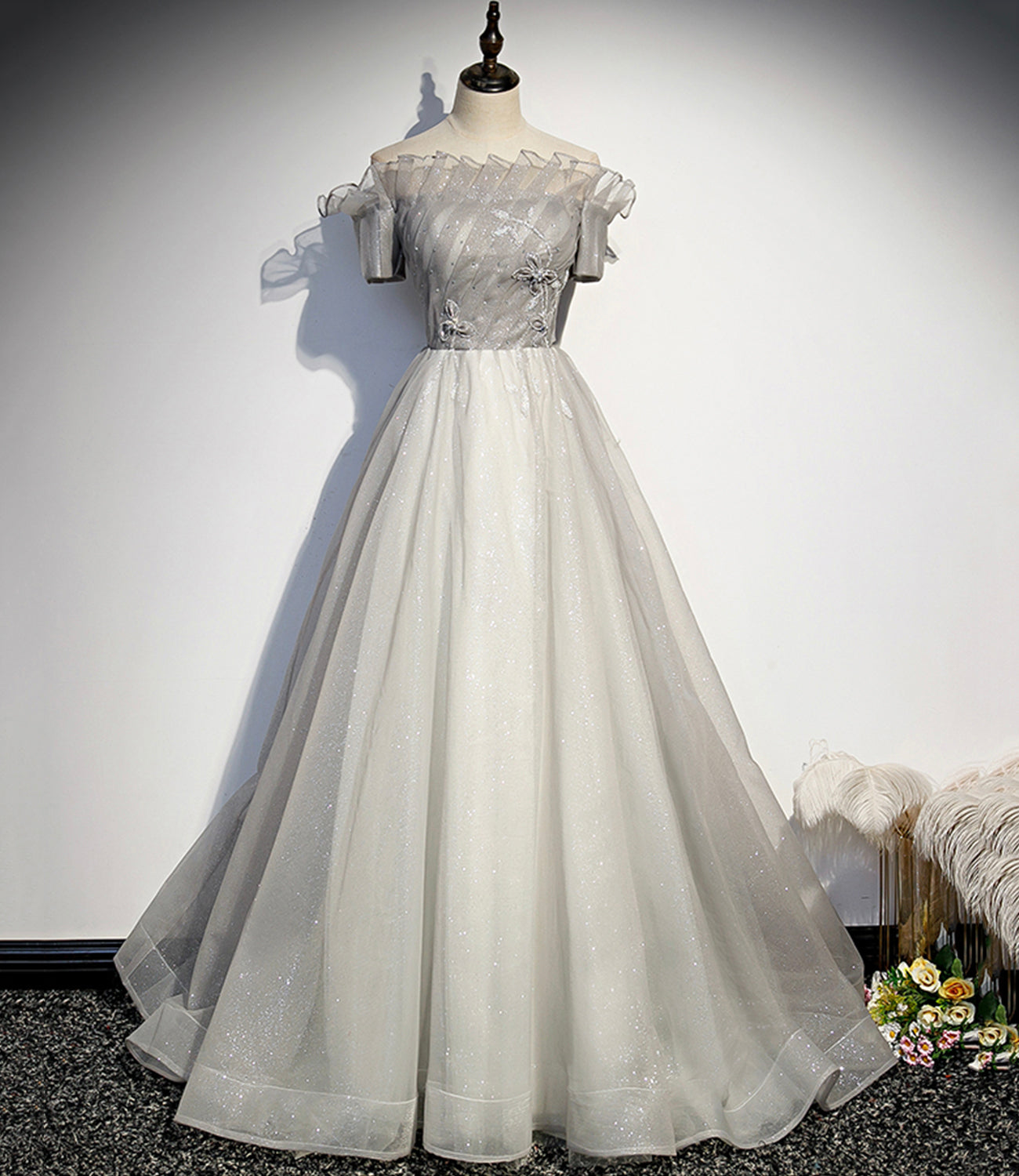 Silver tulle long prom dress formal dress s79