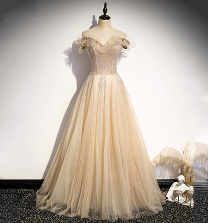 Champagne tulle beads long prom dress formal dress s73