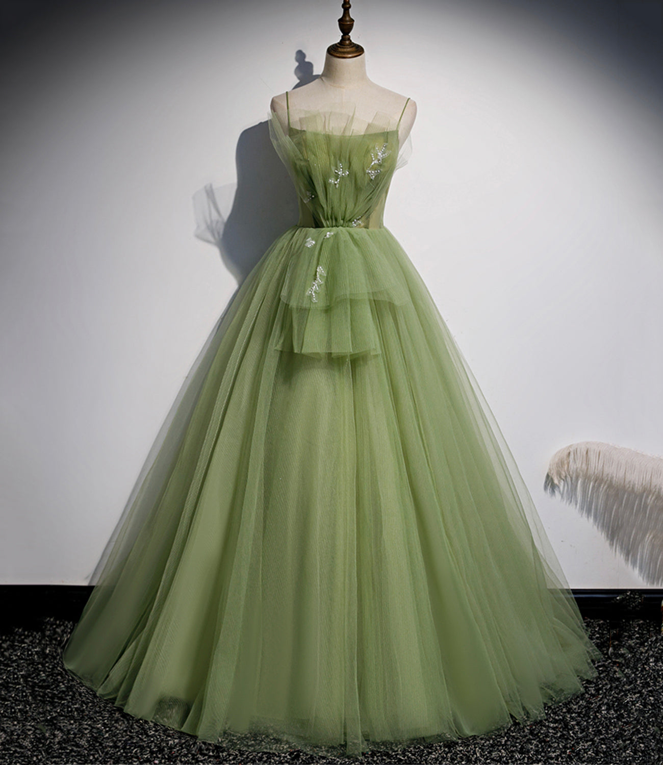 Green tulle long prom dress A line evening dress s56 – Simplepromdress