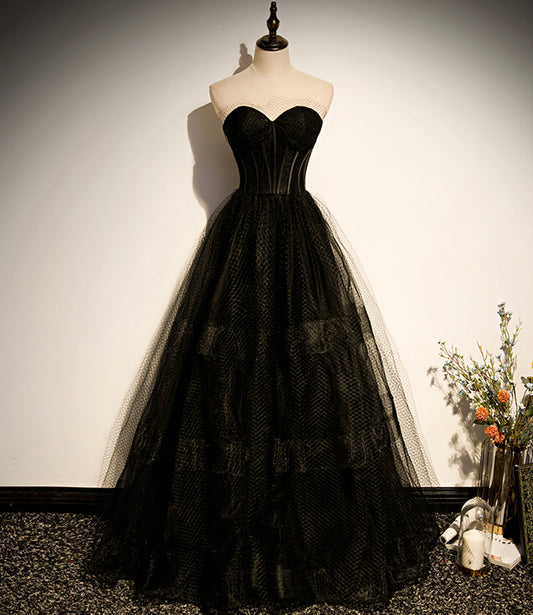 Black tulle long A line prom dress black evening dress s68