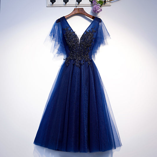 Blue v neck tulle short homecoming dress s94