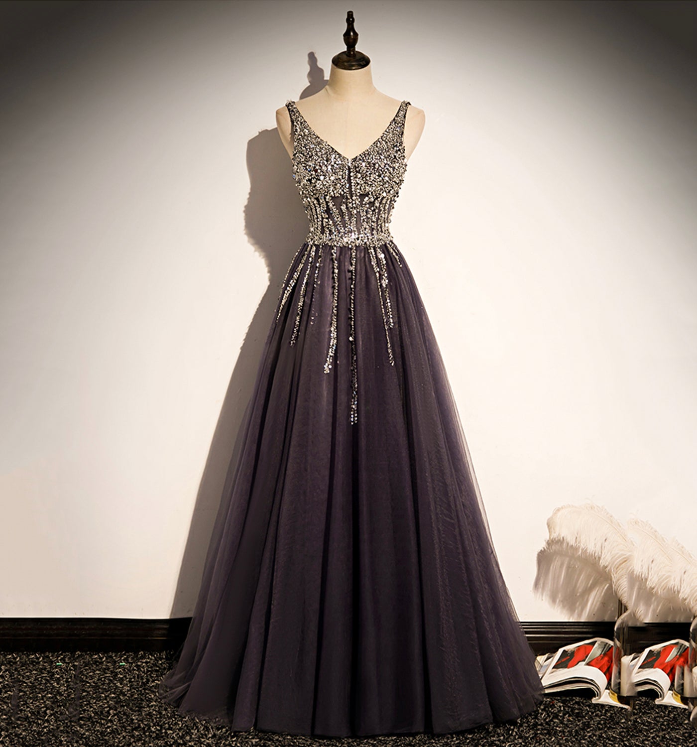Stylish v neck tulle long prom dress A line evening dress s76