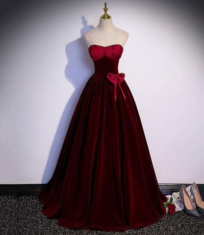 Burgundy velvet long prom dress A-line evening gown s86