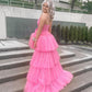 High Low Hot Pink Tiered Prom Dress with Spaghetti Straps Y457