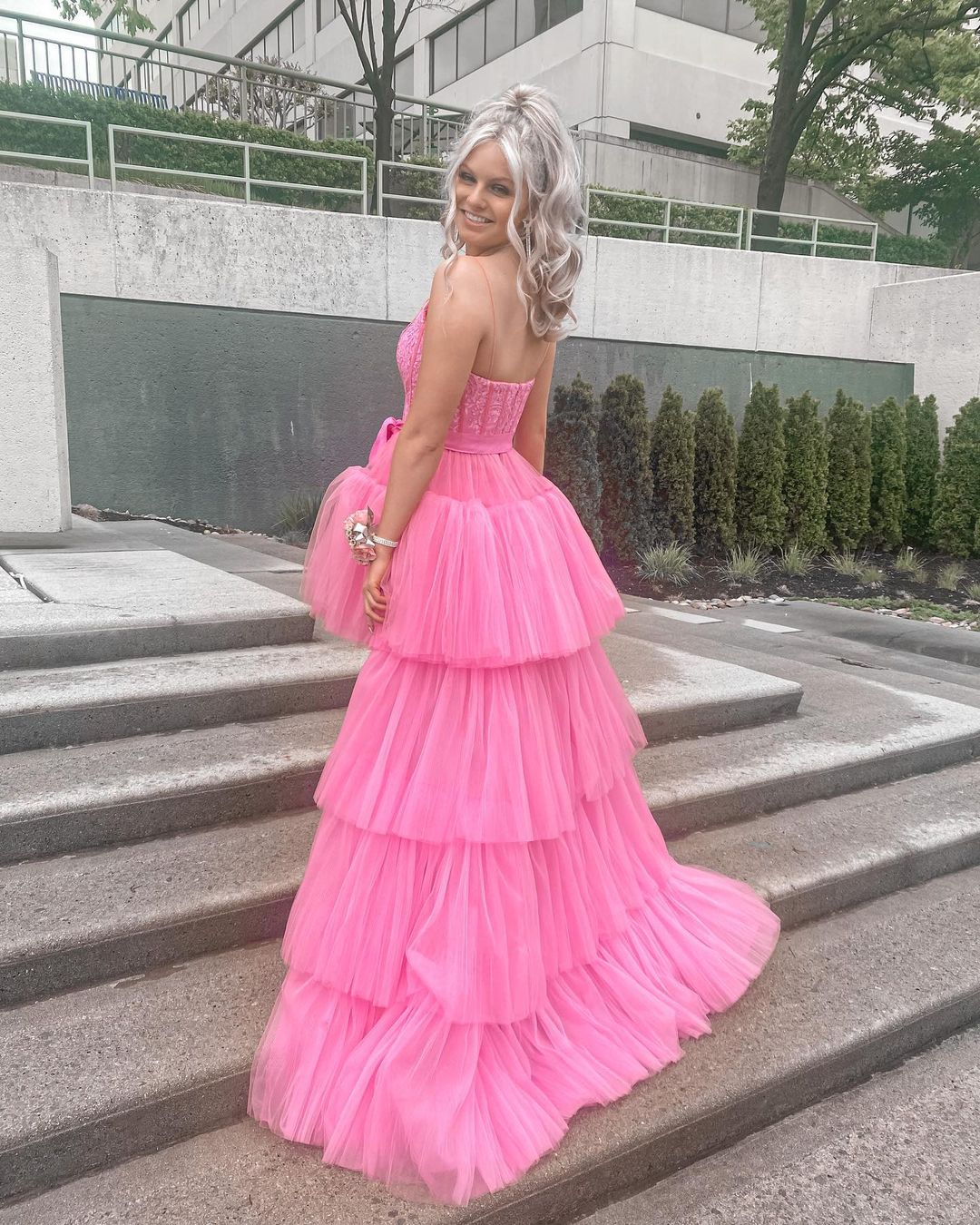 High Low Hot Pink Tiered Prom Dress with Spaghetti Straps Y457