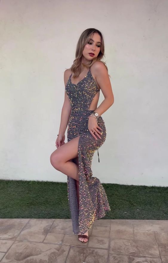 Stunning Mermaid Sequins Long Prom Dresses With Slit Y1462
