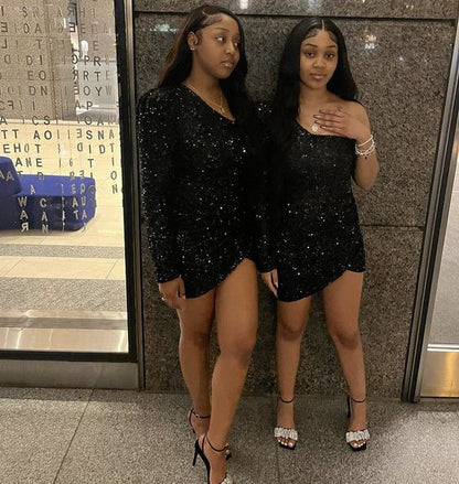 18th Birthday Outfit Dress For Black Girls,Short Homecoming Dress,One Sleeve Black Sequins Party Dress Y1399