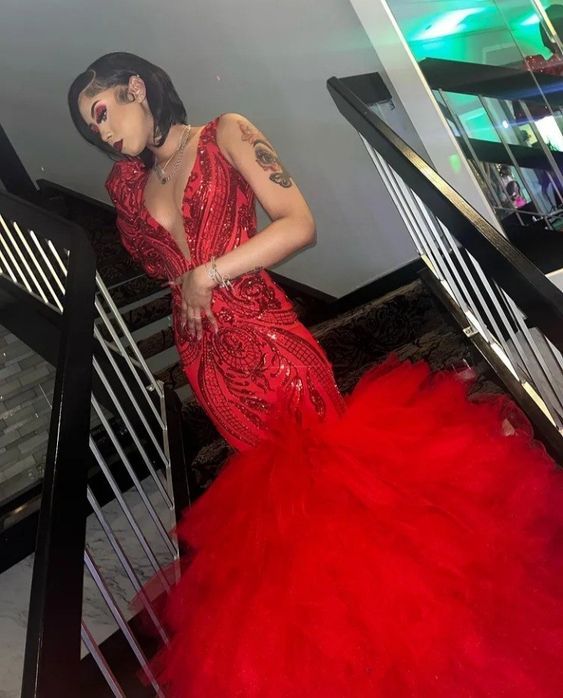 Generous Mermaid V Neck Prom Dress, Mermaid Red Prom Dress Y1374