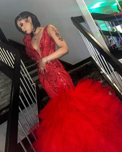Generous Mermaid V Neck Prom Dress, Mermaid Red Prom Dress Y1374