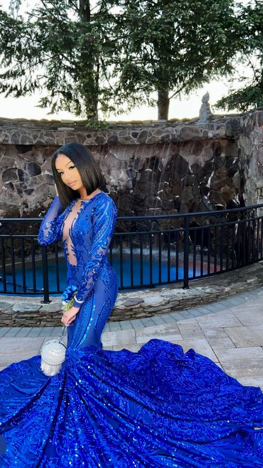 Royal Blue mermaid prom dress,Deep v mermaid sequin lace prom dress,African women prom dresses,wedding reception gown,plunging neckline Y1378