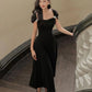Black, pearl button-down, elegant half-sleeve prom dress, vintage dress Y1360