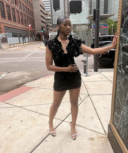 18th Birthday Outfit Dress For Black Girls,Black Sequins Short Homecom – Simplepromdress
