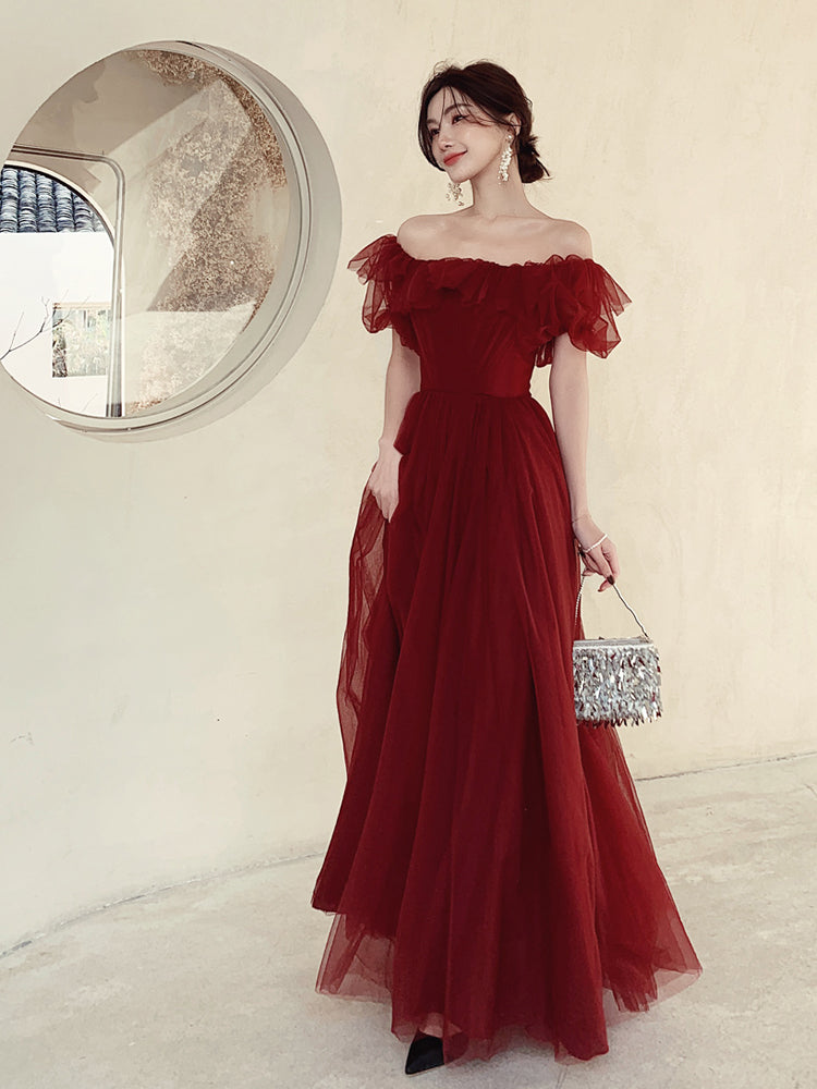 Dark Red Velvet Long Formal Gown, Off Shoulder Dark Red Prom Dress Y1435