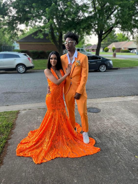 Sexy Orange Sequins Long Prom Dress For Black Girls,New Arrival Prom Dress  Y1437