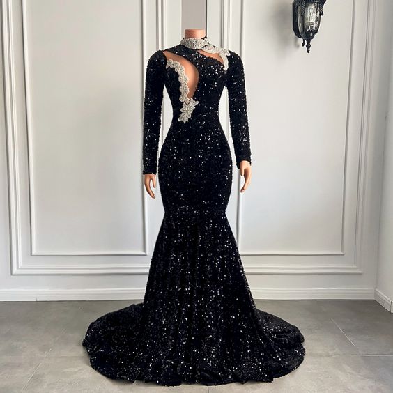 black prom dresses,long sleeve prom dresses new arrival evening dresses, mermaid evening dresses, sequins prom dress Y1423