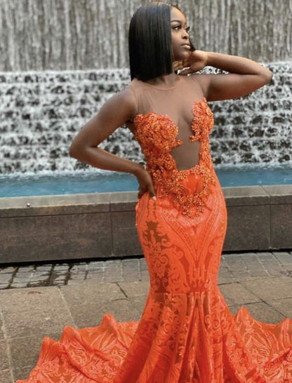 Orange Sequins Mermaid Prom Dresses Black Girl African Girl Prom Gowns – Simplepromdress