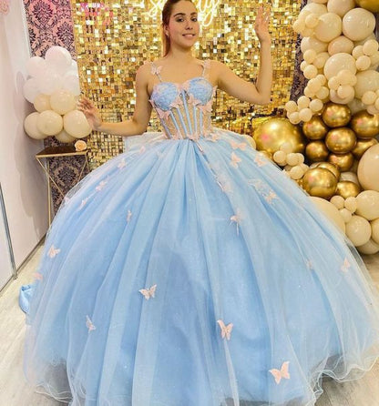 Fairy Dress,Blue Sleeveless Ball Gown With Pink Butterflies Y1387