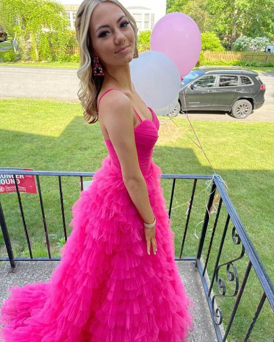 Straps Hot Pink Tiered Layers Long Formal Gown,Charming Hot Pink Sleeveless Prom Dress Y1239