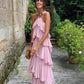 Elegant Halter Chiffon Prom Dress With Layered, Backless Evening Gown Y1232