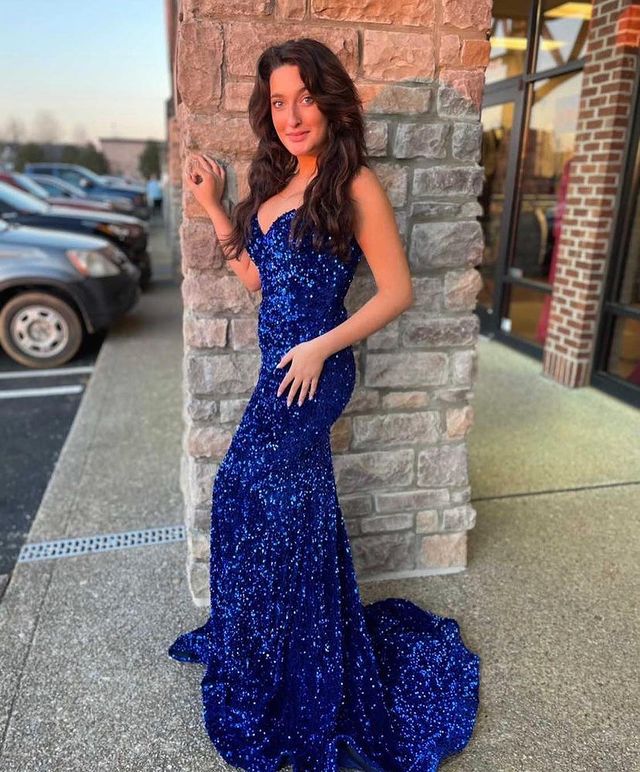 Popular Royal Blue Mermaid Sequins Prom Dress with Train Y1337