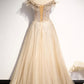 Champagne tulle beads long prom dress formal dress s73