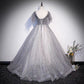 Gray tulle sequins long prom dress A line evening gown s65