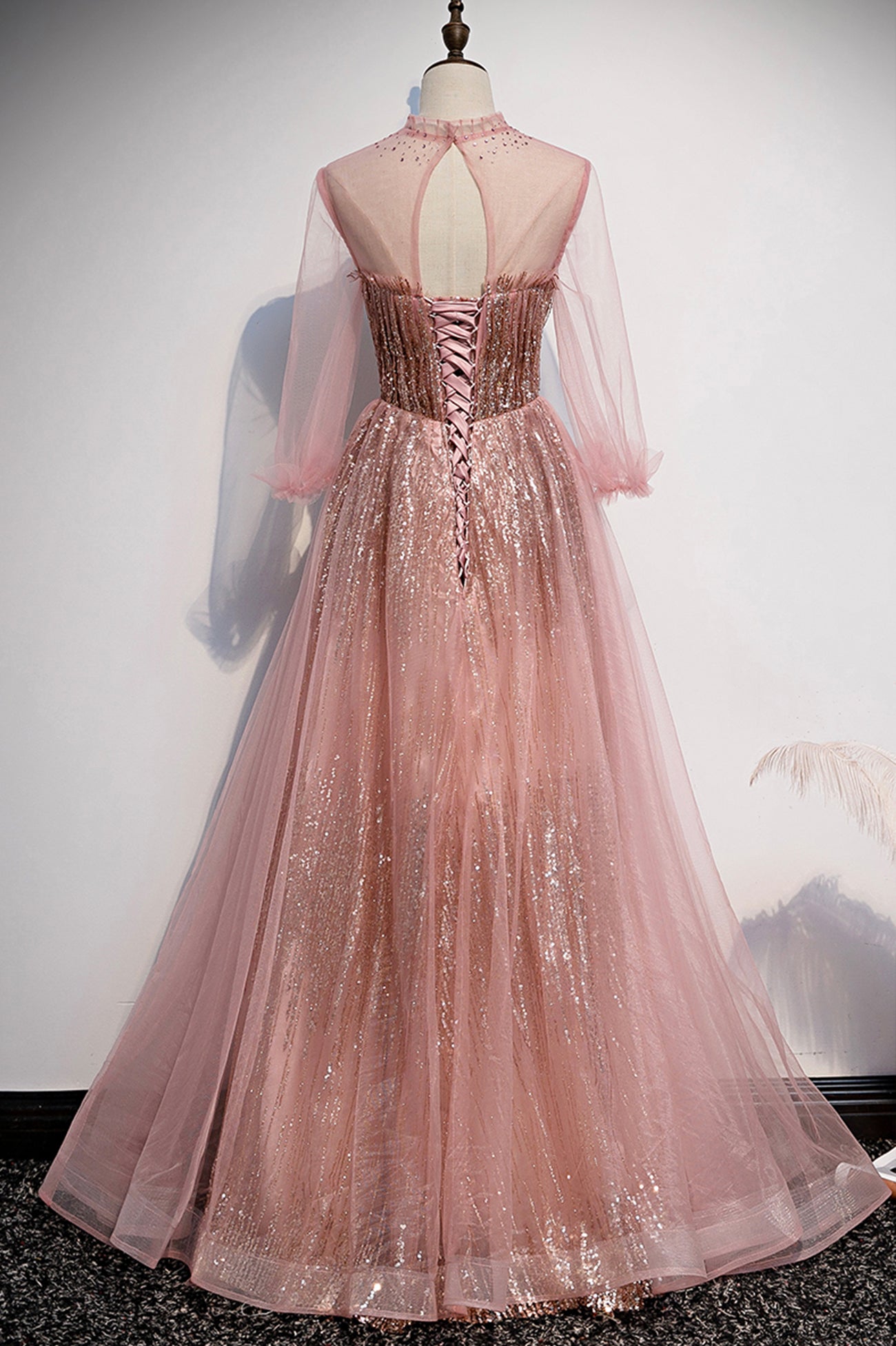 Pink tulle sequins long prom dress pink evening dress s109