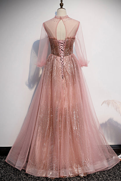 Pink tulle sequins long prom dress pink evening dress s109