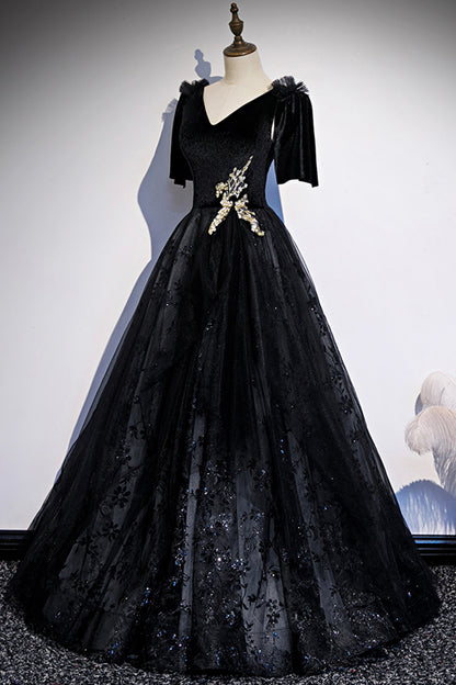 Black velvet lace long prom dress evening dress s103