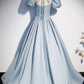Blue satin pearl long prom dress blue evening dress s52