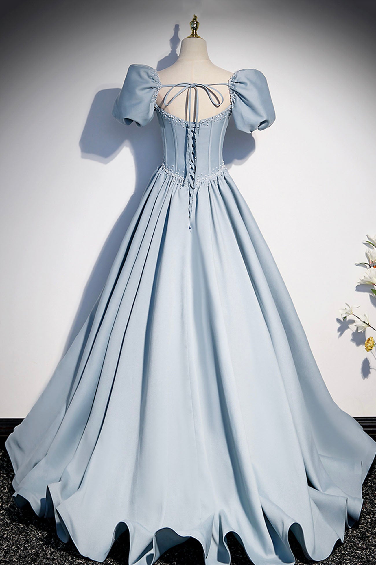 Blue satin pearl long prom dress blue evening dress s52