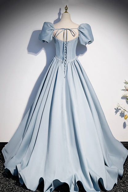 Blue satin pearl long prom dress blue evening dress s52