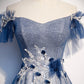 Shiny tulle sequins long prom dress blue evening dress s102