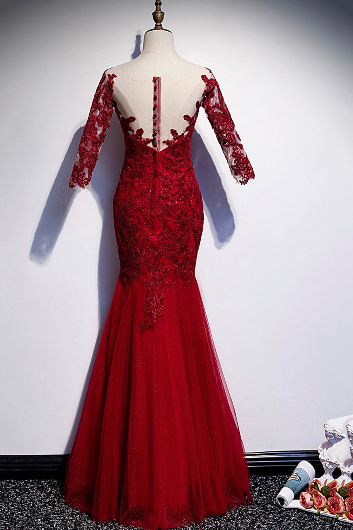 Burgundy lace long prom dress mermaid evening dress s110