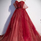 Burgundy tulle sequins long prom dress A line evening gown s55